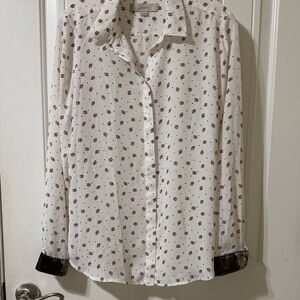 LOFT White and Red Patterned Button-Down Shirt size M